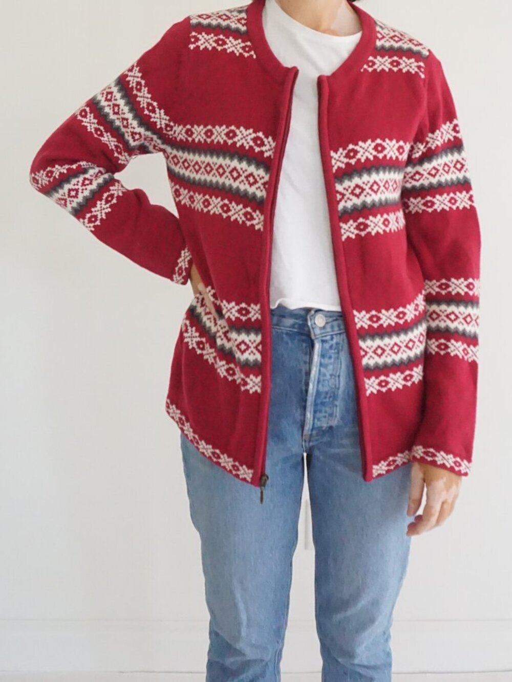 Vintage Croft & Barrow Red White Fair Isle Snowflake Nordic Cabin Cardigan M